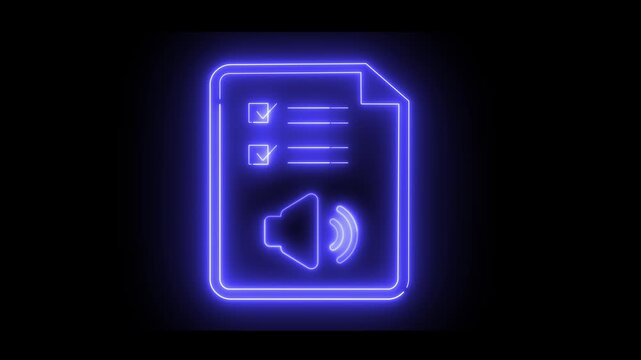 Neon light effect animation of a document icon with a checklist and a speaker. Its modern design suggests audio or recording functions.