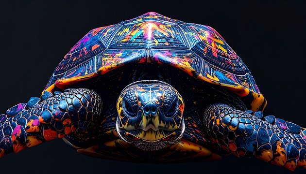 Close-up of a colorful tortoise with a dark background. The shell displays a vibrant splash of colors. Its face is stern