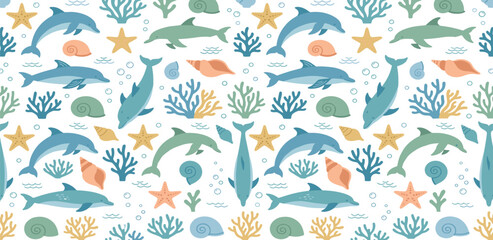 Seamless underwater pattern with cute dolphins sea shells colorful coral reefs and ocean life © MDRIFAT