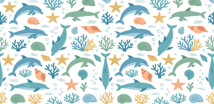 Seamless underwater pattern with cute dolphins sea shells colorful coral reefs and ocean life