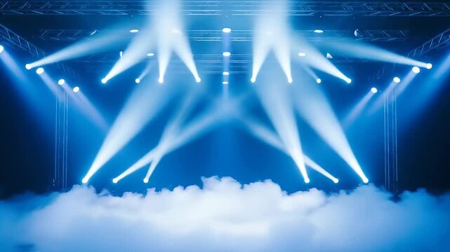 Stage lighting beams casting vivid blue illumination on a spotlighted performance area