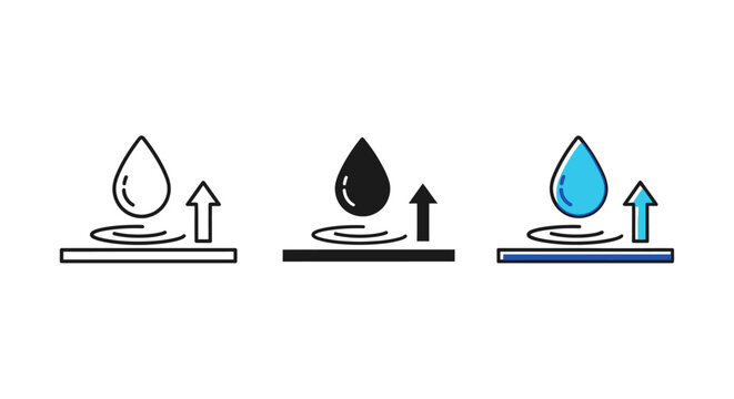 Waterproof surface icons set, moisture repellent material symbols with liquid drops and arrows, breathable fabric technology vector graphics