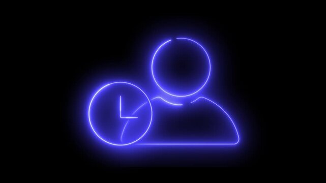 Neon light effect animation of a person outline icon and a clock. Ideal for digital interfaces or time management themes.