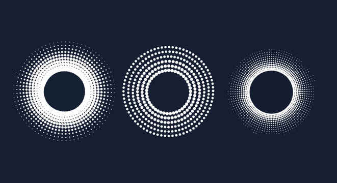 Abstract halftone circle set, white dotted radial patterns on dark background, geometric sunburst and glowing ring vector elements for modern design
