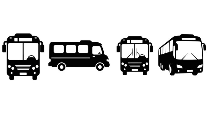 Bus silhouette vector set, public transport vehicle icons, black and white shuttle and coach collection, city transit and travel bus graphics