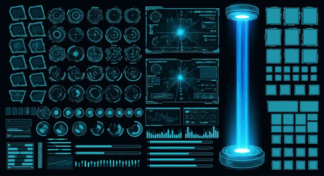 Futuristic HUD UI kit with neon blue glowing elements, sci-fi digital interface dashboard set, high-tech teleportation beam and data visualization vector
