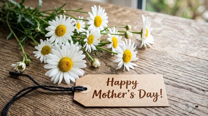 Obraz premium Happy mother's day wishes with beautiful white daisies and gift tag
