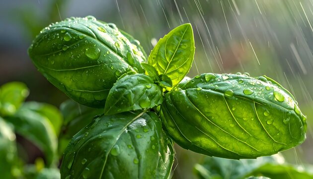 A close-up of a green basil plant with water droplets on its leaves