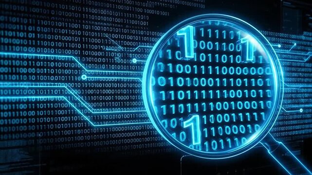 Binary code magnified with glowing circuit pattern overlay digits zero