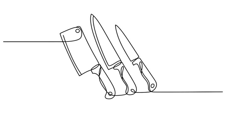 Continuous single line drawing of three kitchen knives set including a meat cleaver chef knife and paring knife for cooking and food preparation Vector, illustration