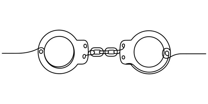Continuous single line drawing of steel handcuffs connected by a chain Vector, illustration