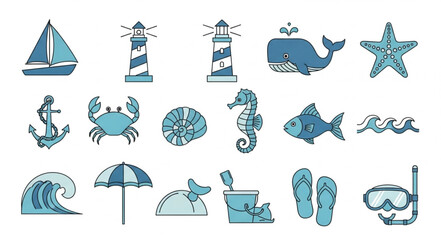 Collection of Nautical and Beach Themed Illustrations and Icons. © Fahmii