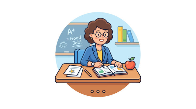 Student sitting at school desk with an A plus grade in classroom