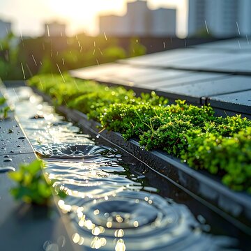 Close-up of a rooftop garden with lush green vegetation, water cascading from a dark gutter with sunlight in the background
