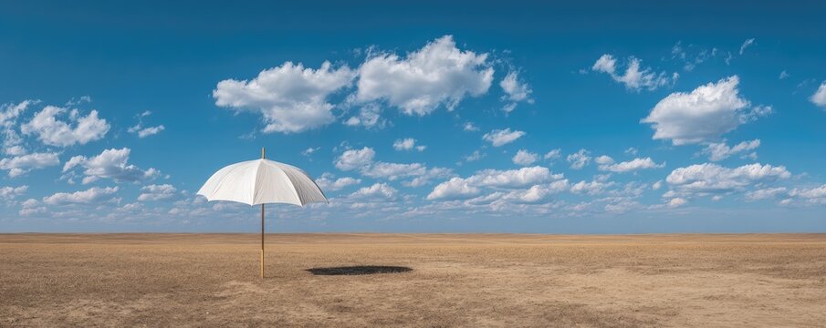 Lone white umbrella stands open in a vast, dry, open landscape under blue sky