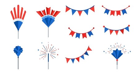 Fototapeta premium Patriotic party decorations with red white and blue bunting fireworks and festive flags on sticks for 4th of july celebrations