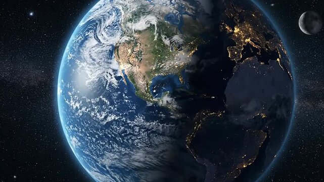 Earth&rsquo;s nightside glow with continental continents, moonlit horizon, cosmic starscape globe