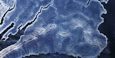 Obraz premium Islas Malvinas (Falkland Islands) — Snow Covered Coastal Plateau Satellite View Blue Winter Radial Drainage and Dark Ocean