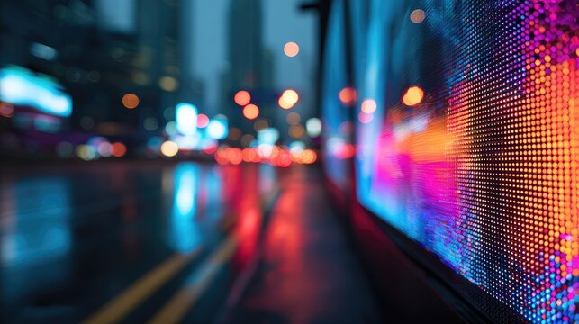 Neon city street at night with wet reflections and digital screen
