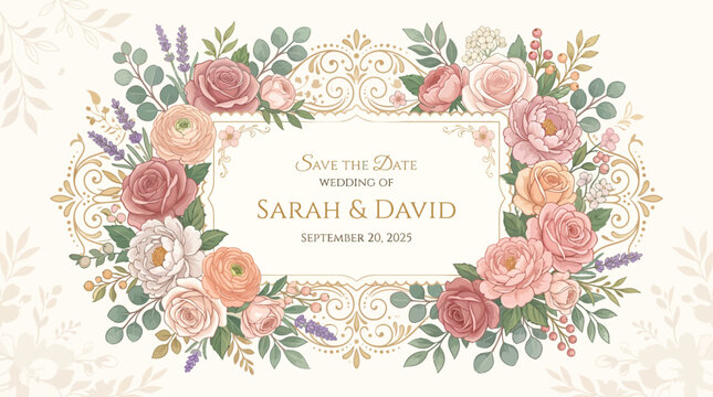 Vintage Floral Wedding Invitation Sarah and David with Roses