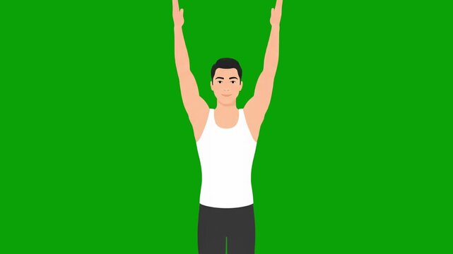A flat 2D animation of a man in a white tank top performing overhead stretches. Isolated on a chroma key green background, this character is perfect for fitness tutorials or health-related motion grap