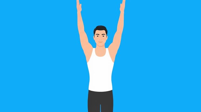 A 2D stylized animation of a man in a white tank top performing arm exercises against a solid blue background. This asset is ideal for fitness videos, health and wellness content, or workout tutorials