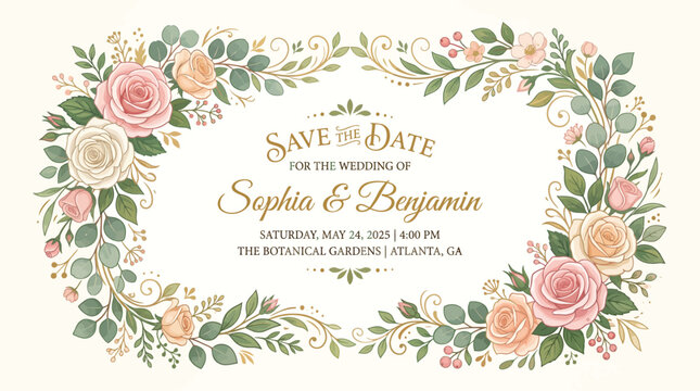 Gold Script Save the Date Floral Invitation