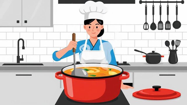 A 2D flat design illustration of a professional chef in a white hat and apron preparing a meal. She is stirring a red pot filled with vegetable soup in a modern kitchen setting, ideal for culinary and