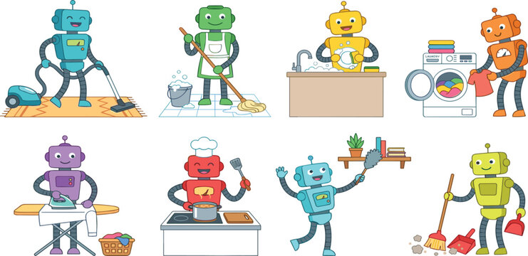 Colorful retro robot set performing household chores including cooking cleaning laundry and ironing tasks