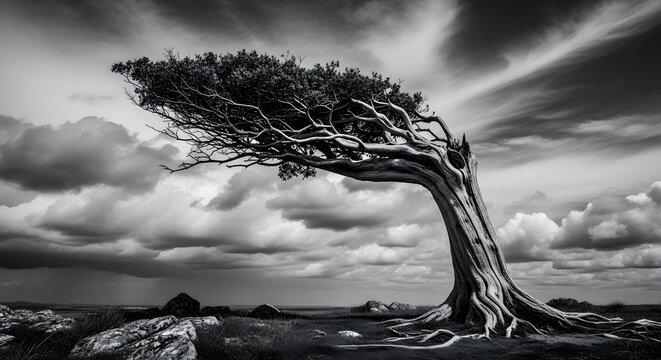 Dramatic black and white image of a lone, windswept tree, showing the remarkable teamwork of deep roots and flexible branches surviving harsh storms.