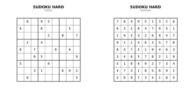 Hard Sudoku logic puzzle with its grid showing initial numbers and complete solution for problem solving concept and mental exercise