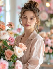 Fototapeta premium A young woman with a soft expression stands surrounded by pastel roses in a bright, airy room filled with floral beauty.