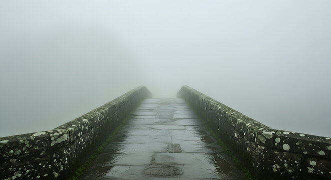 Ancient stone bridge disappearing into thick white fog, symbolizing the teamwork needed to navigate through uncertain and mysterious paths.