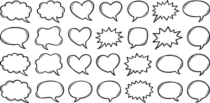 Hand drawn speech bubble set comic style thought clouds and heart chat icons