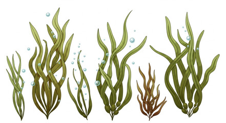 Collection of Underwater Seaweed Plants with Bubbles. © Retno