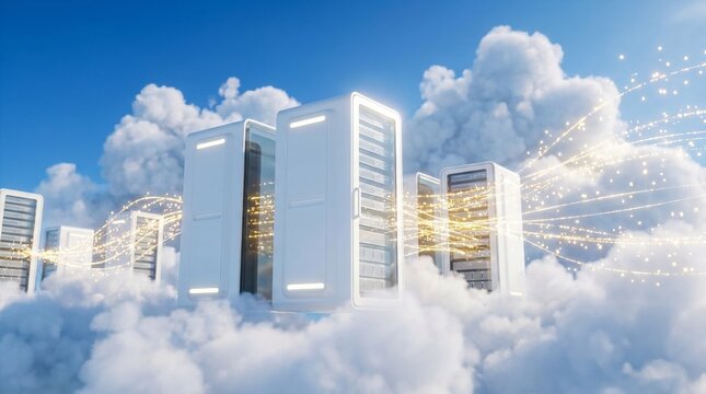 White data center server cabinets floating in fluffy clouds under a bright blue sky. A glowing golden data light stream connects them. High-tech cloud computing concept, global network