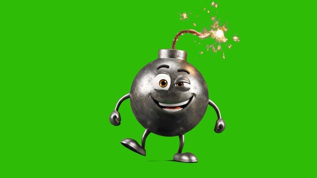 A 3D animated cartoon character of a round black iron bomb with a lit fuse, arms, and legs, winking and smiling against a green screen. This playful and slightly edgy mascot is perfect for comedic eff
