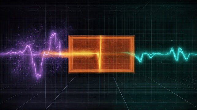 Abstract digital display showing signal processing and data transformation