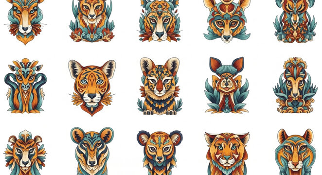 Collection of Stylized Animal Portraits with Tribal Designs.