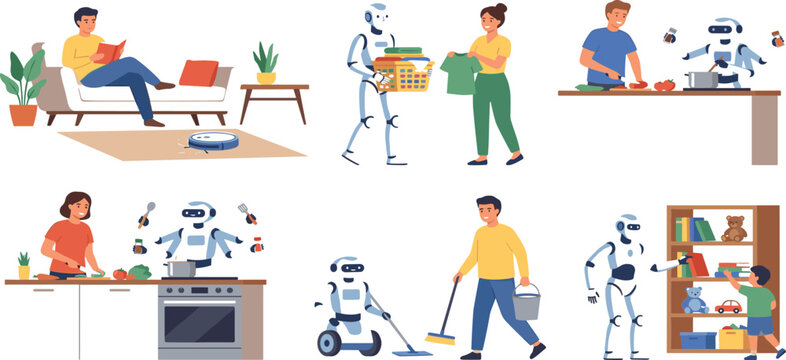 Human and robot domestic partnership set featuring household chores cooking cleaning and home organization