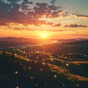 Aerial view of sunset over rolling hills with an urban sprawl in the distance, connected by a network overlay