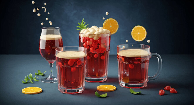 Glasses of mulled wine with cranberries and citrus on dark background