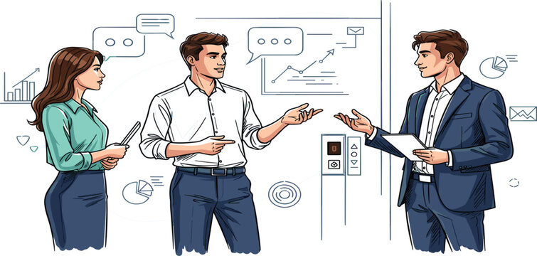 Business Team Discussion in Elevator Lobby with Professionals Talking, Corporate Communication Concept, Office Workers Meeting, Collaboration, Strategy Planning, and Workplace Interaction Illustration