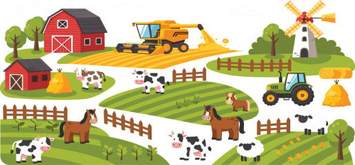 Fototapeta premium Farm Landscape Illustration with Barn, Tractor, Animals, and Agricultural Fields, Rural Countryside Scene with Livestock, Harvesting Machine, Windmill, and Farming Activities for Agriculture Design