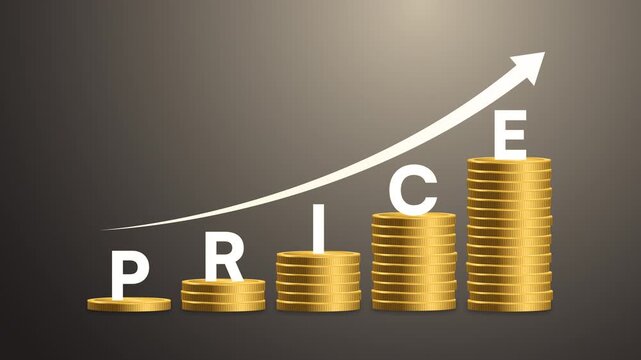 Price increase and financial growth concept with animated stacks of coins and an upward arrow. Representing profit, inflation, revenue rise, business profitability, and economic increase