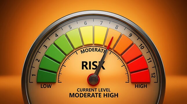 Risk gauge meter with a current level of moderate high on orange background