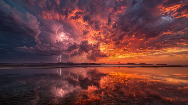 Dramatic sunset over water with lightning strikes in stormy clouds