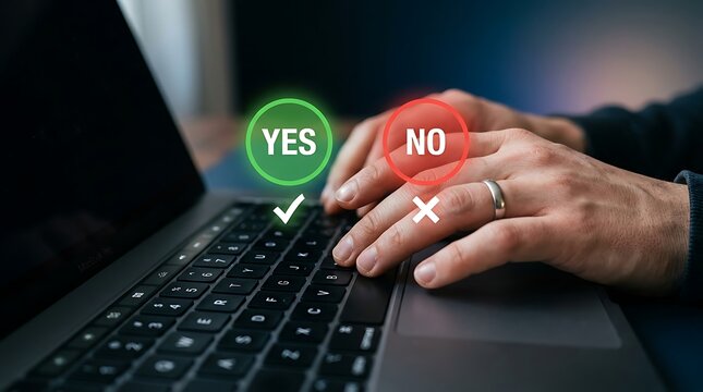 Hands on laptop keyboard with yes no checkmark buttons