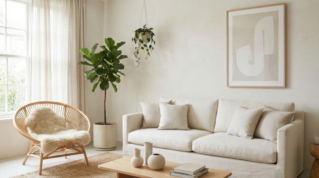 Nordic minimalist living room interior with a serene sofa space