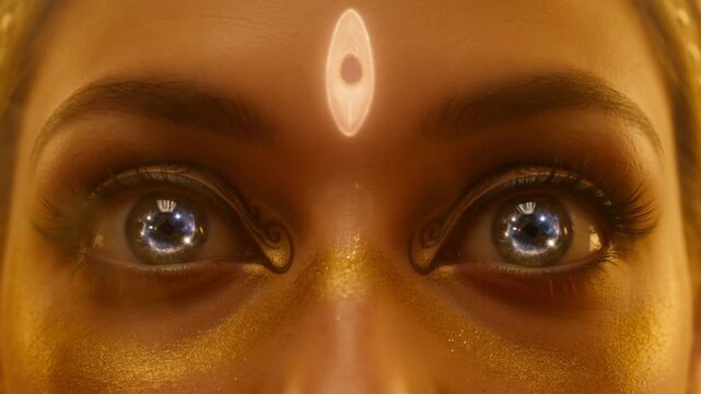 Cinematic Close Up of Goddess Durga Opening Mystical Third Eye